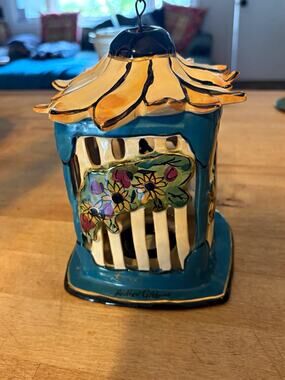 Blue Sky Corp. Small Hanging Ceramic Birdhouse w/ Chain Hook Blue Yellow 2004
